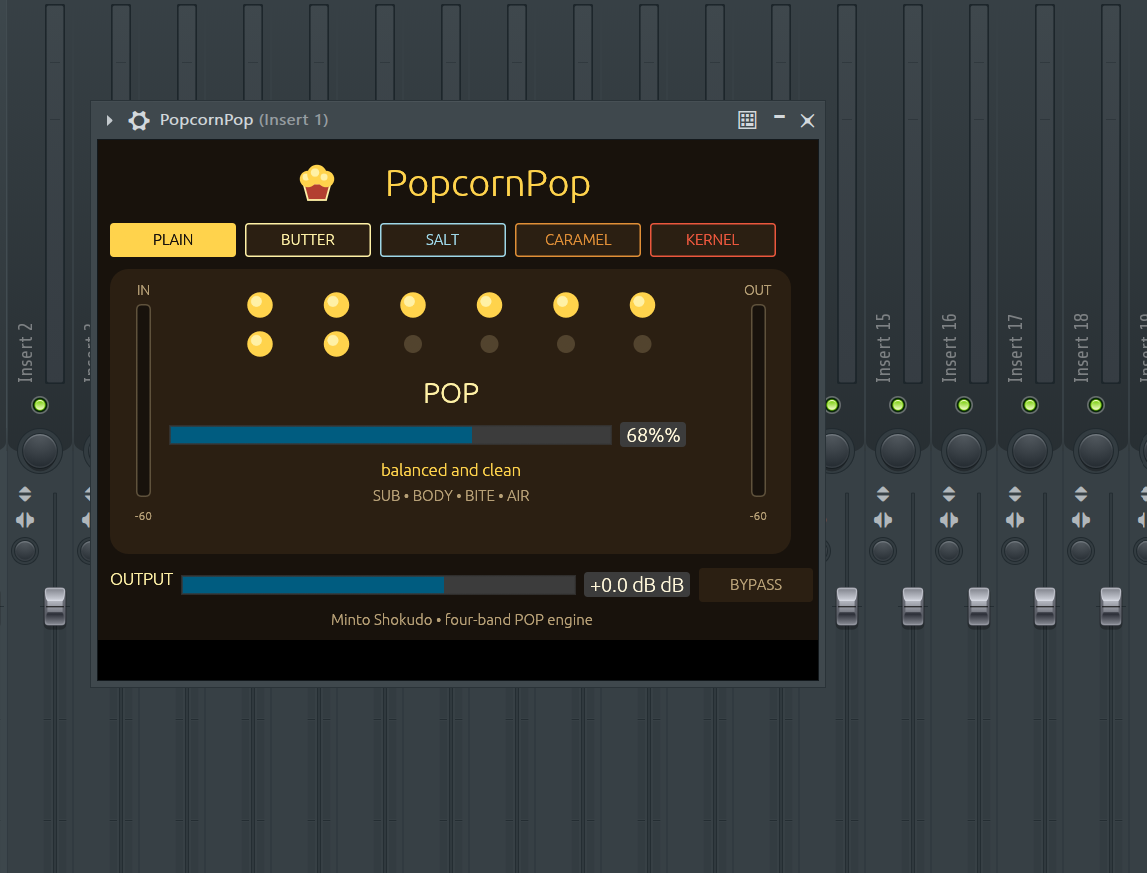 PopcornPop プラグイン画面 - 5つの味付けタイプ、POPマクロ、音量メーター、ポップコーンアニメ